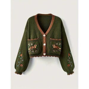 Stylish Embroidered Knit Cardigan | Fox & Floral, Color Block, Long Sleeve